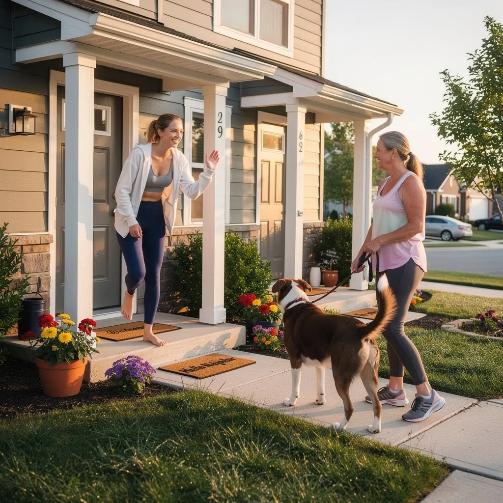 Вид на улицу с двухквартирным домом и зелеными насаждениями.