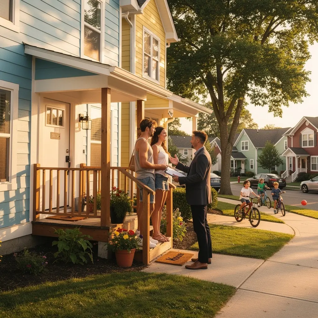 Солнечный балкон с видом на соседние дома и городские улицы.
