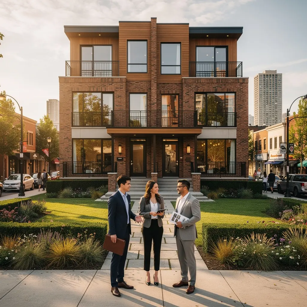 Карта района с отмеченными доступными для аренды двухквартирными домами и удобствами поблизости.